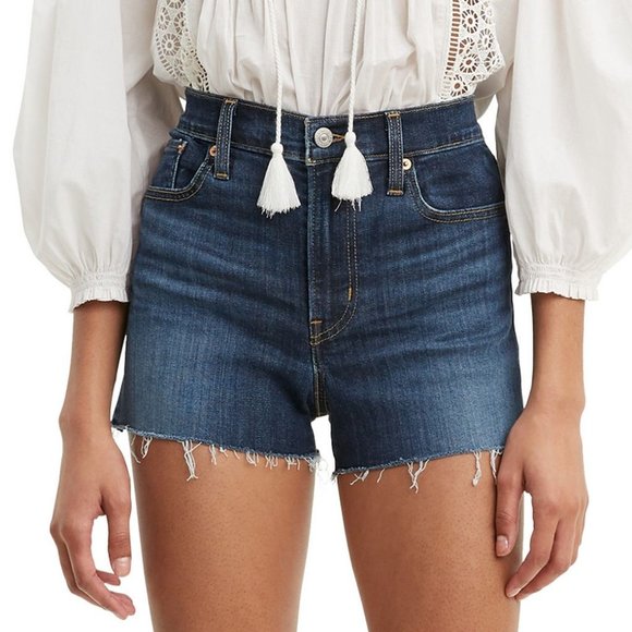 Levi's High Rise Jean Shorts Cutoff Frayed Hem Blue Denim Size 32 14 NEW - Picture 1 of 6